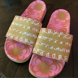 FARM Rio + Adidas Collab Slide Sandals Pink Abstract Floral Ladies Size 10